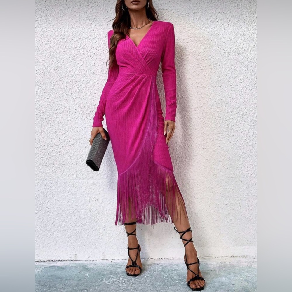 Hot Pink Fringe Hem Wrap Midi Dress | Size L | Worn Once